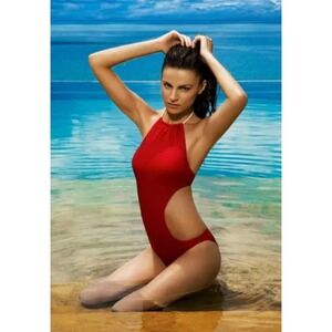 Marianna G Halter Neck One Piece Swimsuit Women Size 4 Cut Out Sides Red/Orange
